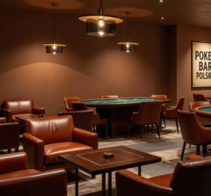 Wnętrze baru pokerowego AltosEvent z oświetlonym stołem pokerowym